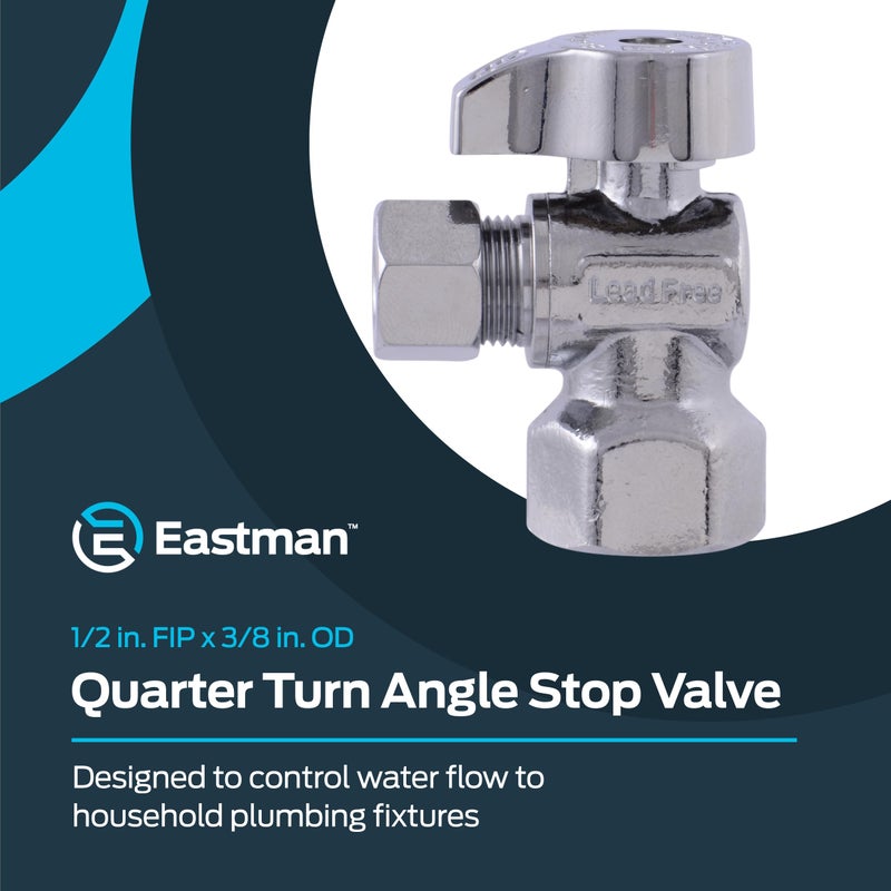 Eastman 1/2 Inch FIP x 3/8 Inch OD Compression Quarter Turn Angle Stop Valve, Brass Plumbing Fitting, Chrome, 10733LF - Image 2